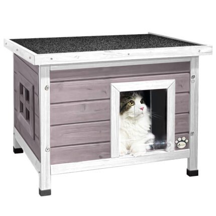 Maison pour Chat en bois avec toit bitumé autoportant et porte à lamelles PVC Gris