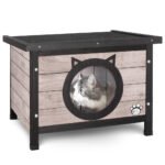 Maison pour Chat en bois avec toit bitumé et entrée en forme d'oreilles de chat Gris