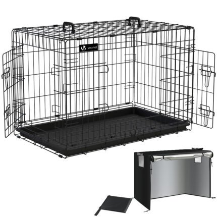 Cage pour chien pliable avec 2 portes verrouillable plateau amovible et housse de protection 92x58x64cm