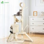 Arbre à Chat 154cm avec Griffoir Plateforme Niche XXL Beige – Image 2
