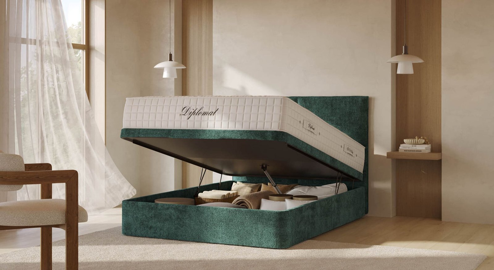 ECUTROUVIL-Photo-ambiance-Lit-coffre-ouvert-TROUVILLE_2520OK Lit coffre TROUVILLE Bergamo Verde botella – Image 1