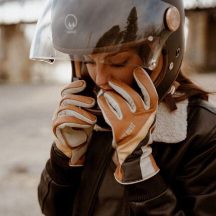 GANTS MOTO CUIR Wildust Sisters. 70'S STRIPE. CAMEL