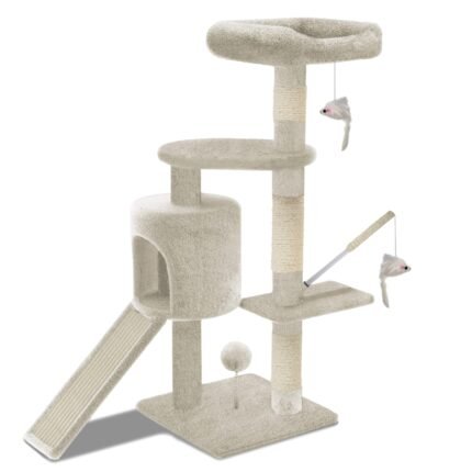 Arbre à Chat 112cm avec Griffoir Plateforme Niche L Beige