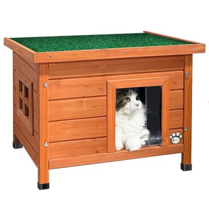Maison pour Chat en bois avec toit bitumé autoportant et porte à lamelles PVC